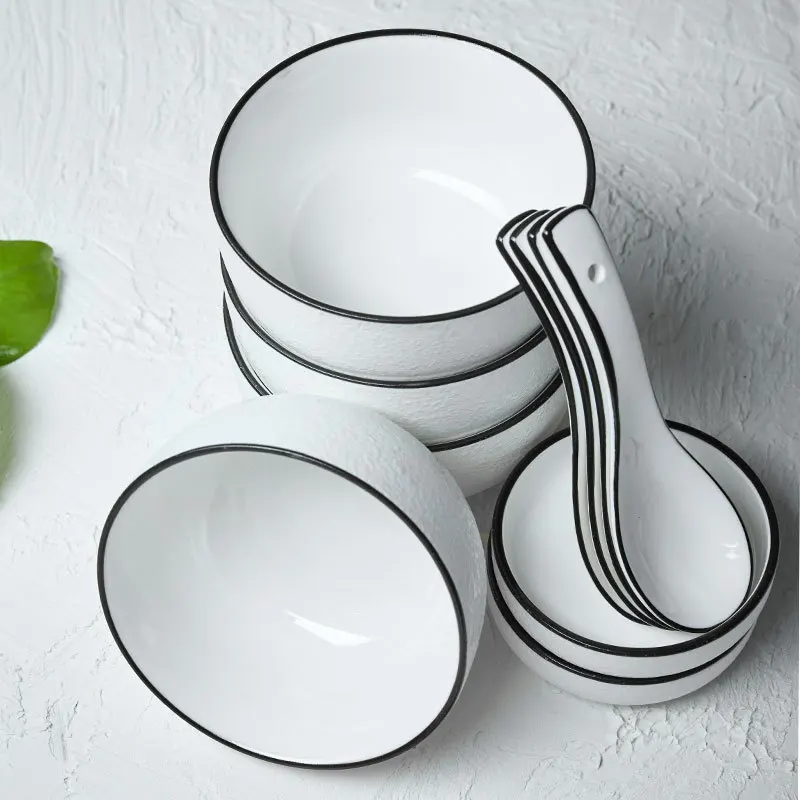 

Glazed Black Line Ceramic Bowl Creative Dishes Household Salad Bowl Ceramic Tableware Set Bowl Spoon Manufacturers Direct Sellin