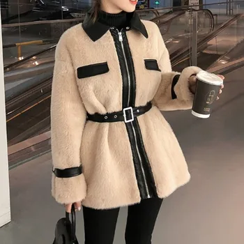

2019 Faux Fur Coat Women Warm Outwear Plush Fur Leather jacket Winter Coat Loose Cardigan Trench female jacket PU Waist belt