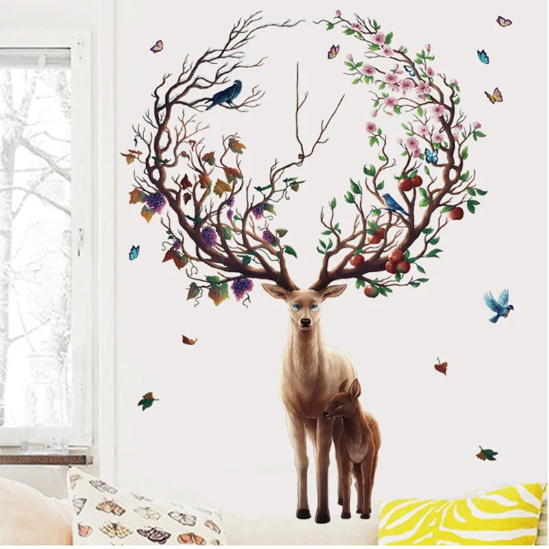Творческий олень цветные настенные наклейки Рог птицы бабочка дерево ветка дом комната Рождественское украшение на стену украшения виниловые наклейки