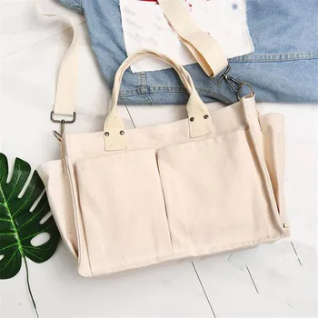 

New Women's Pocket Shoulder Bag Simple Wild Portable Diagonal Large Capacity Pouch Travel Beach Bag Canvas Handbag Female
