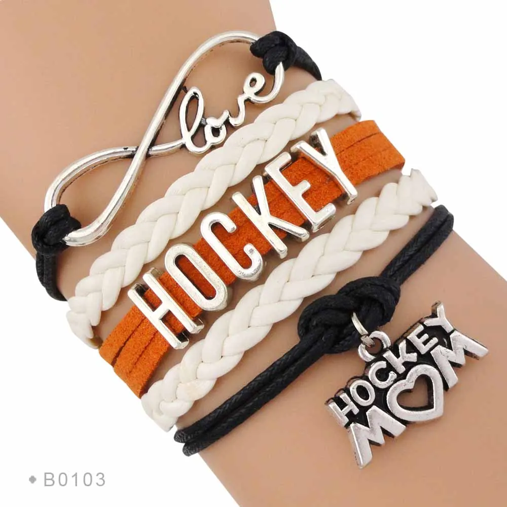 

Hot Sale Fashion Infinity Love Blues Hockey Player Mom Jewelry Leather Braid Wrap Bracelets for Women