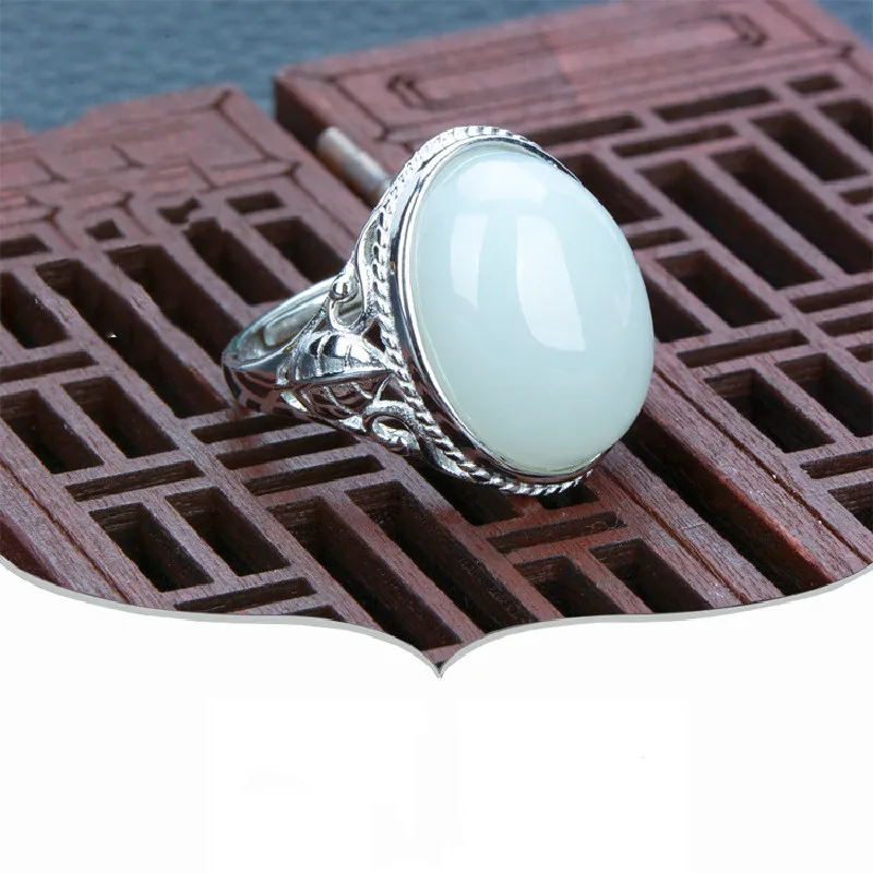 

Hotan Jade White Jade S925 Silver Inlaid Hollow Retro Classic Large Ring Men And Women Models Adjustable Mouth Ring