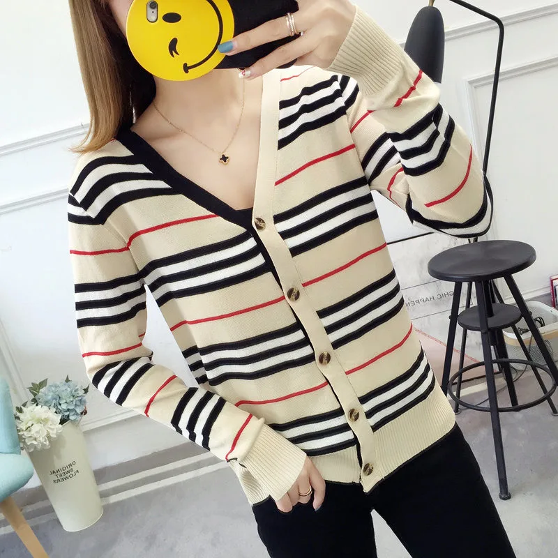 

2019 Preppy Style Knitted Sweater Women Long Sleeve V Neck Striped Single Breasted Women Sweater Autumn Thin Cardigan Coats