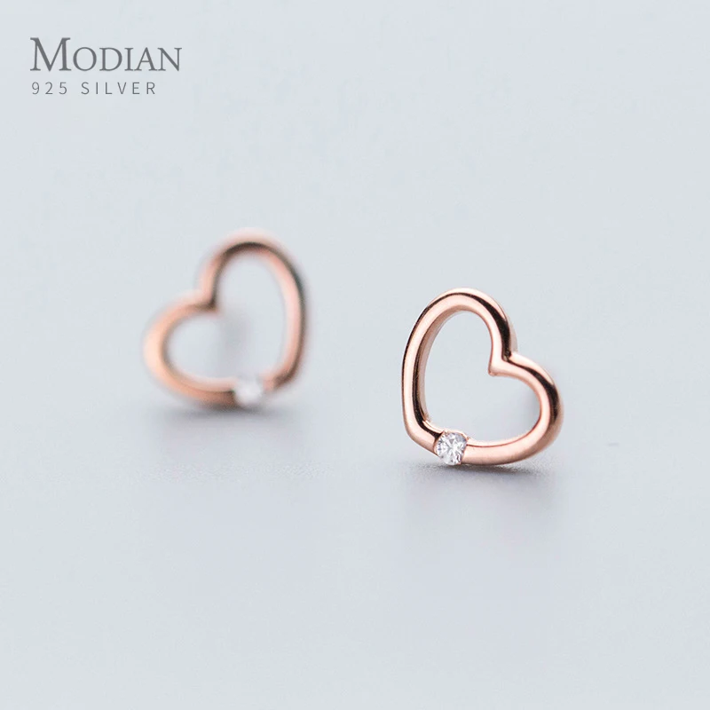 Modian 100% 925 стерлингового серебра розовое золото Цвет сердца Прозрачный CZ серьги со