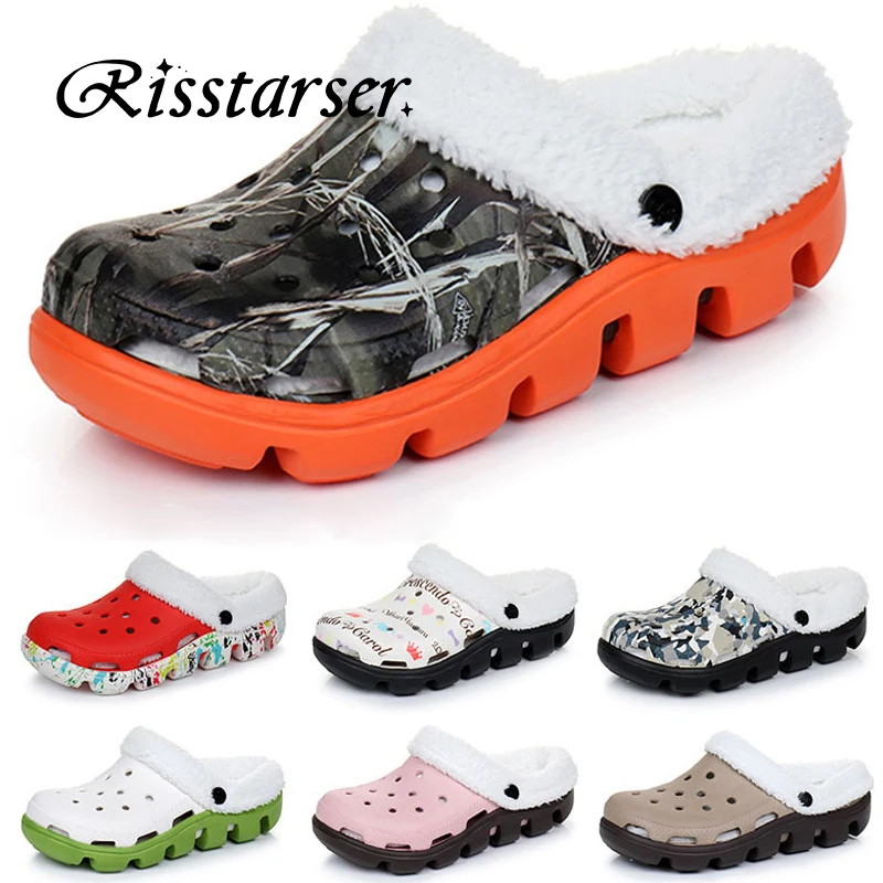 

2020 Autumn Winter slippers women warm plush print garden shoes Outdoor EVA Clog couple shoes Comfortable home slippers big size