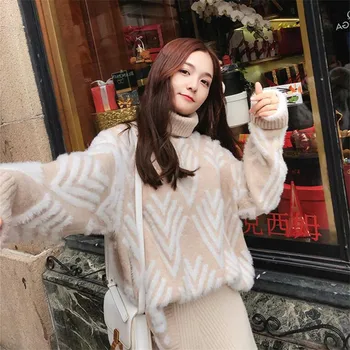 

2020 Autumn And Winter Women's Sweater Striped Long-sleeved Hood Loose Loose Warm Inside Take Knit Leisure Commute