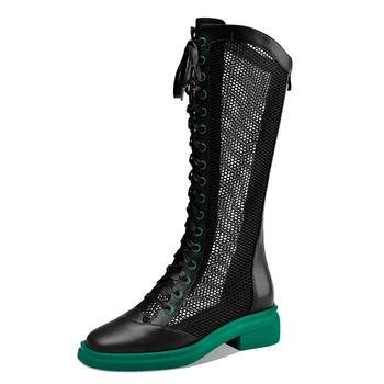

new arrives genuine leather women boots 2020 summer fashion suqare heels zipper knee high boots casual shoes woman spring autumn