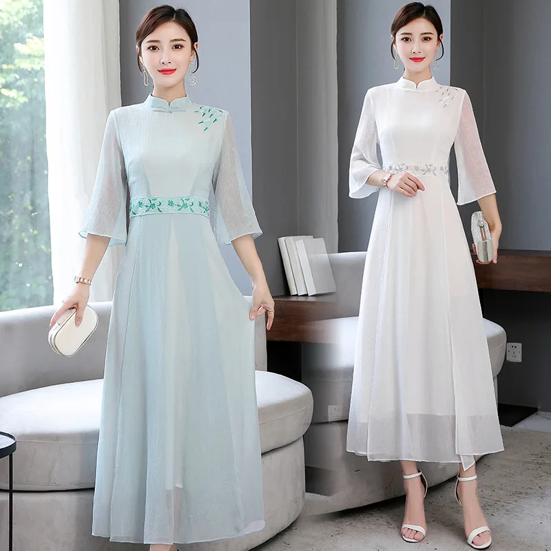 

New Modified Cheongsam Embroidered 2019 Summer Wear New Style Retro Fashion Elegant Slim Fit Slimming Dress Chinese Clothing Wom