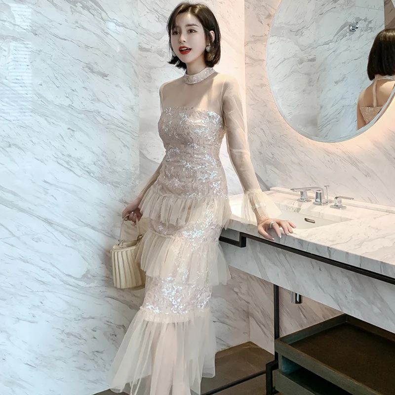 

2021Women Sexy Long-Sleeved Sequined Mesh Skirt Lady Evening Prom Party Bodycon Cake Ruffle Dresses
