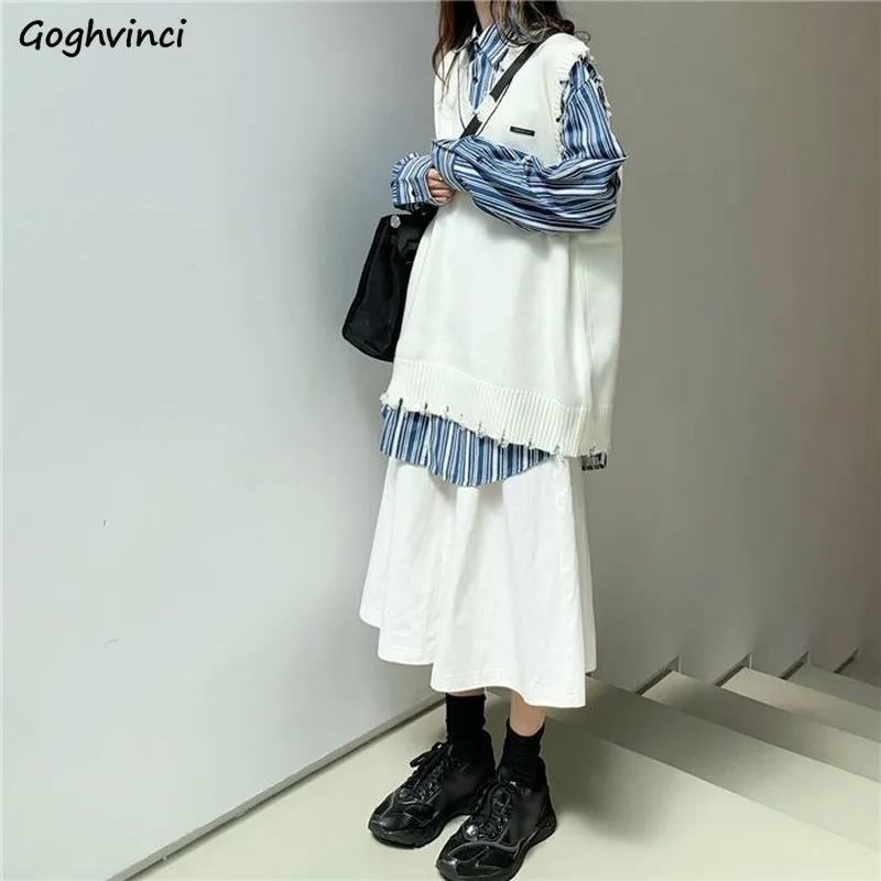 Женские комплекты из 3 предметов в стиле преппи Ulzzang полосатые свободные рубашки