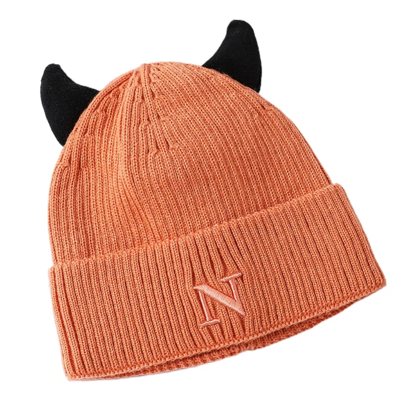 Cute Cow Horns Wool Hat Letter N Knitted Hat Ear Protect Warm Autumn Winter for Boy Girl Xmas Halloween New Year Party 