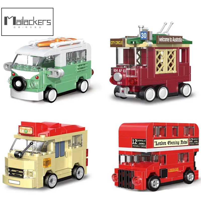 Expert Technic Pull Back Car Camper Van Double Decker Bus Set City Loop Tram Street View Building Blocks Детский