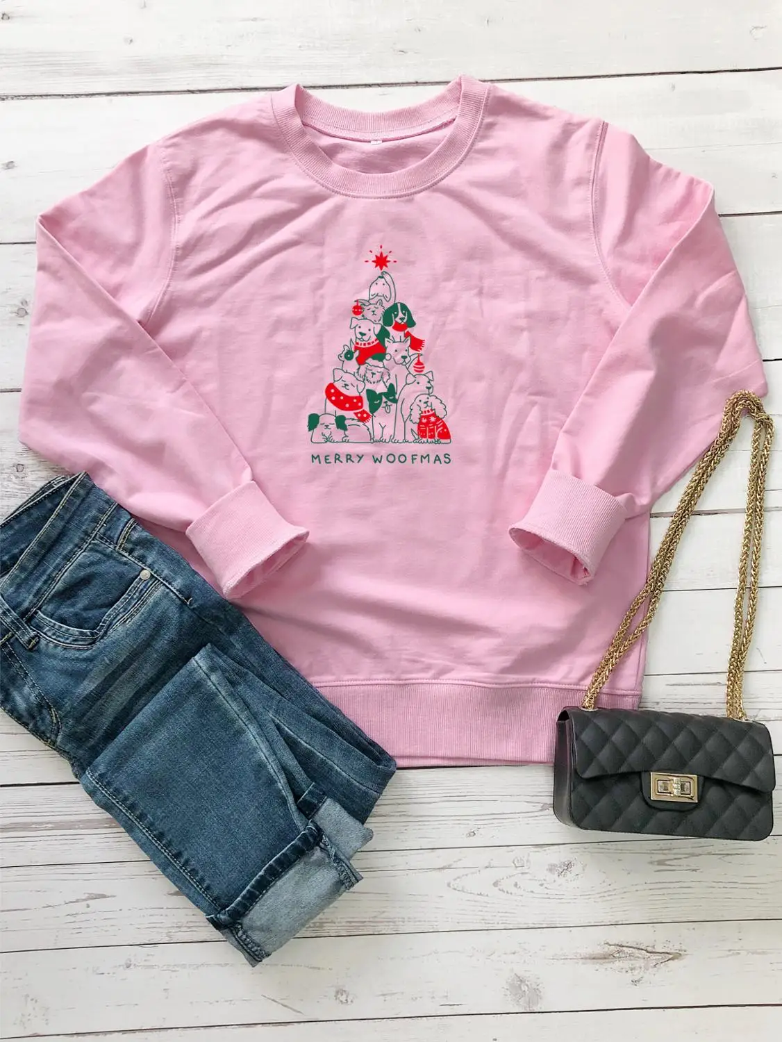 MERRY WOOFMAS. Цветная Милая арт-Толстовка забавная Женская кавайная модная хипстерская унисекс винтажная одежда джемпер с графическим рисунком пуловеры Топ - Цвет: Pink