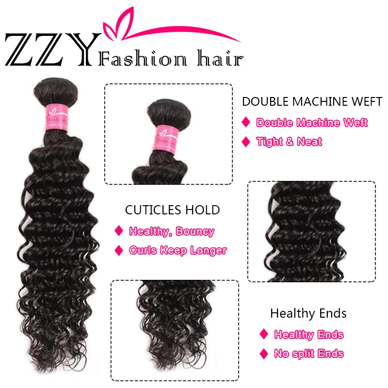 ZZY Fashion Deep Wave Peruvian Hair Weave Bundles Natural Color Human Hair Bundles M Ratio Non-Remy Hair Extensions 4 Bundles