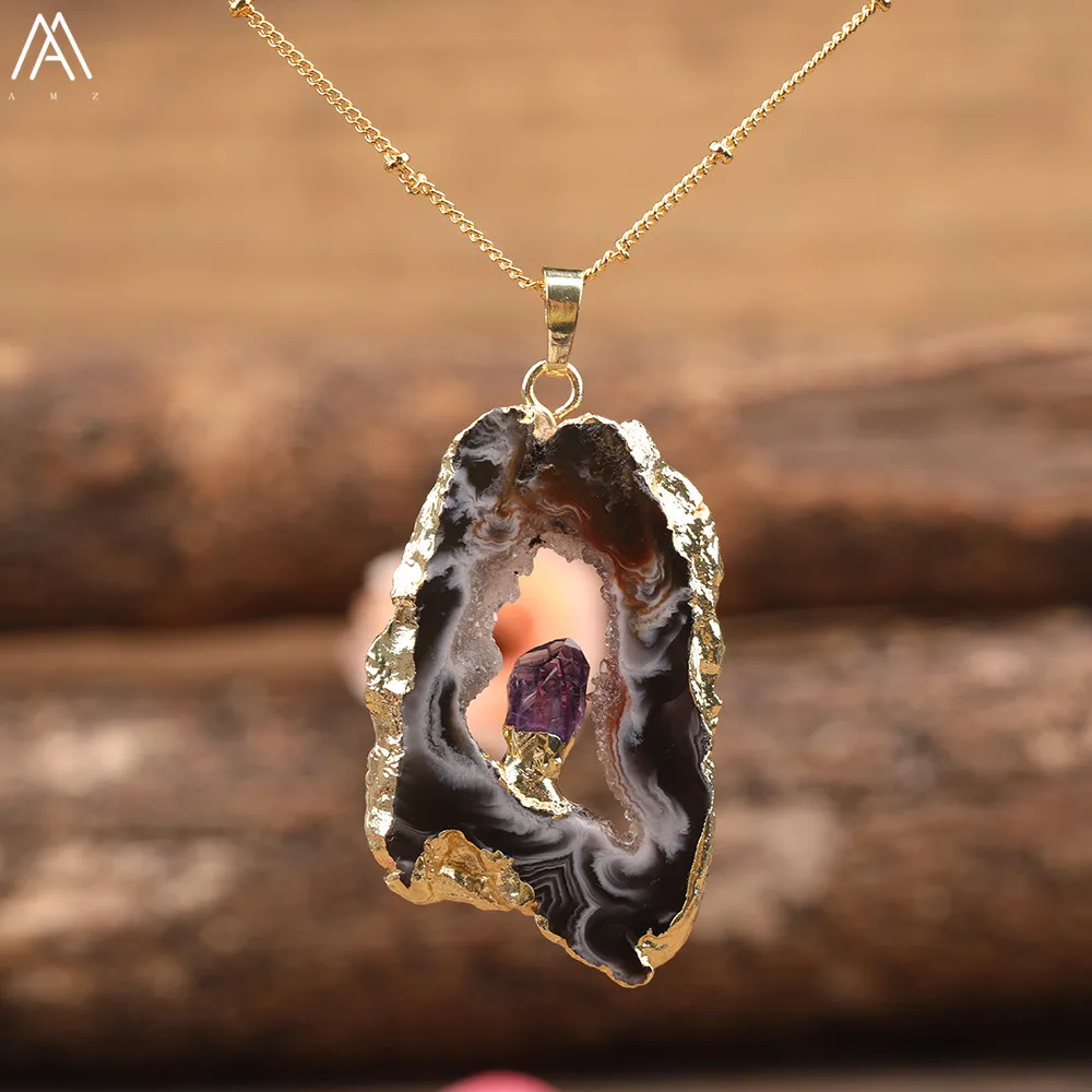 Pulido Publicación Kakadu Colgante de Piedra de ágatas de geoda de drusa Natural para mujer, cadenas  doradas plateadas, collar de cuentas de Chip de cuarzo de cristal, regalo  de joyería - AliExpress