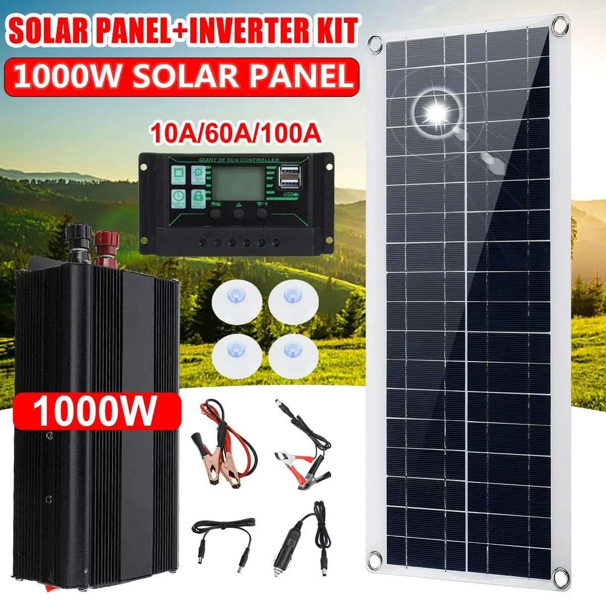 1000W 12V Solar Panel Inverter System Kit Car Van Boat Camper Battery Charger+1000W Controller 10A/60A/100A | Электроника