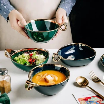 

Lullife Nordic Green Ceramic Phnom Penh Golden Ring Handle Salad Dessert Round Trapezoid Bowl Plate Dinnerware Tableware Set