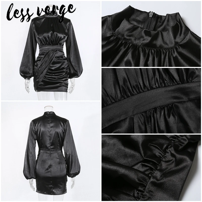 Lessverge, водолазка, атласное шелковое черное платье с запахом,, женское элегантное офисное короткое платье, повседневное, Осень-зима, облегающее платье