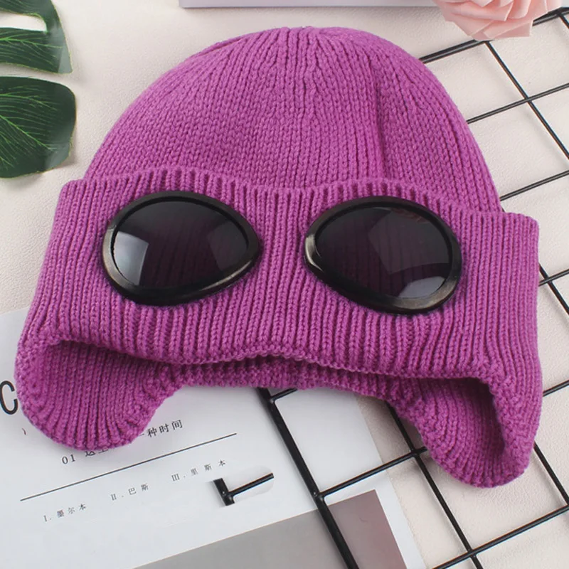 Moveable Glasses Warm Fleece Lined Women Snow Hat Knitted Winter Cap Cover Ears Orange Yellow Purple Blue Black White Green - Цвет: Фиолетовый