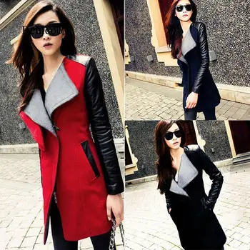 

2019 Korean version of the autumn new stitching contrast color woolen coat female Slim long hair
