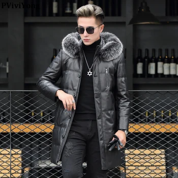 

PViviYong 2019 winter high quality real leather jacket , 100% sheepskin down jackets hooded Fox collars coat men X89812