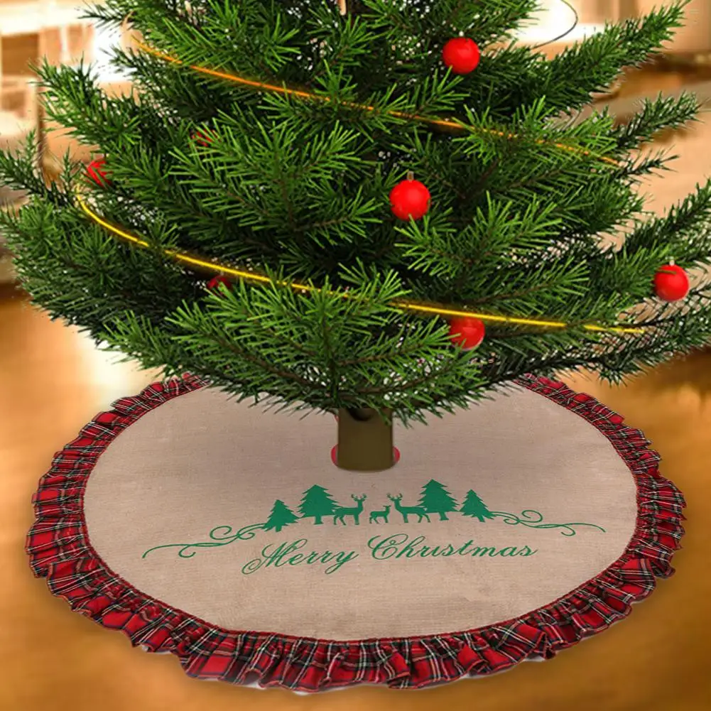 

121cm Christmas Tree Skirt Burlap Plaid Edges Tree Skirt Linen Christmas Apron For Christmas Party Decoration