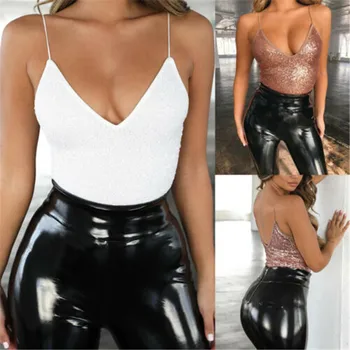 

Sexy Women V Neck Sequin Jumpsuit Bodycon Bodysuit Top Romper Blouse Sleeveless Shirt