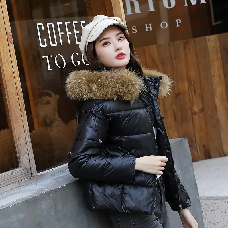 

2019 New Cotton Coat Female Short Jacket Large Fur Collar Thick Winter Coat Small Jacket Warm Hood Parka