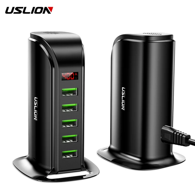 USLION — Chargeur à 5 ports, affichage HUB, LED, USB multiple, support à station de charge, universel, pour téléphone portable, bureau, mur, maison, prise UE, Royaume Uni 