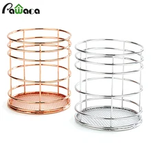 Cylinder Hollow Makeup Cosmetic Brush Box Holder Stainless Steel Round Pen Pencil Pot Holder Tableware Desk Organizer Container