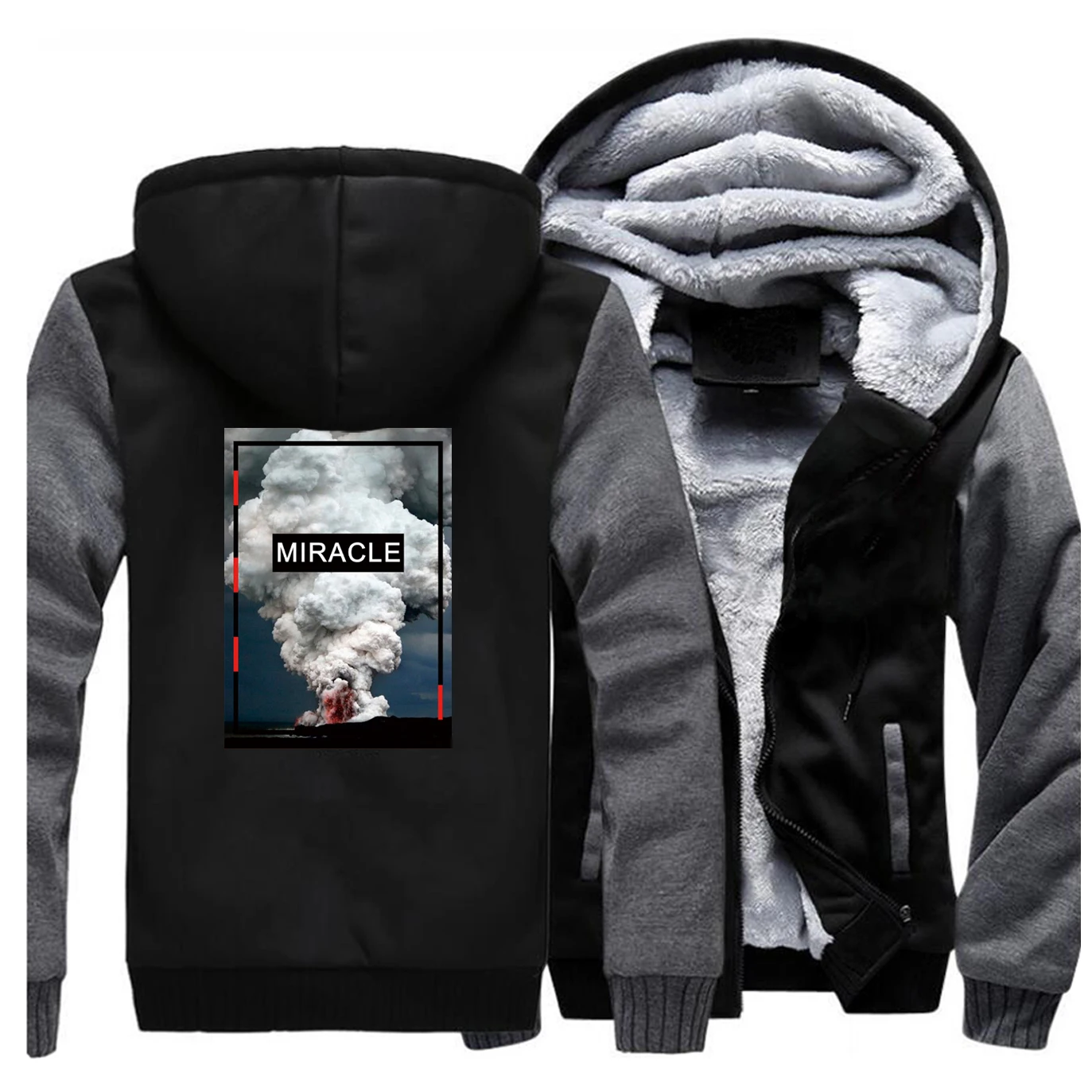 Толстовки с капюшоном и принтом плюс бархатная Толстая толстовка на молнии для мужчин реглан тренд вулканического извержения зимняя забавная уличная куртка - Цвет: Dark Gray Black