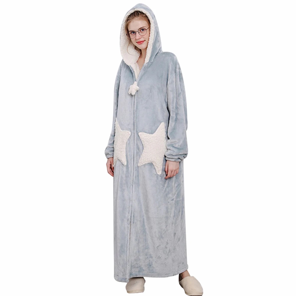 Blue stars Длинный фланелевый флисовый Халат с капюшоном для женщин и мужчин, теплая Пижама с застежкой-молнией, халат, KS - Цвет: Blue stars