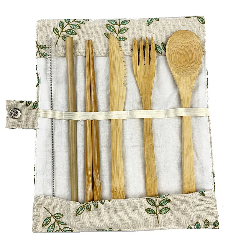 Деревянные столовые приборы набор столовых приборов бамбуковая соломенная столовая посуда набор с тканевой сумкой ножи вилка ложка посуда палочки для еды дорожный инструмент