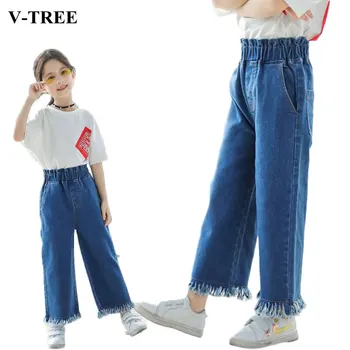 

2019 Autumn Jeans For Girls Children Ripped Jeans Tassel Teenager Wide Leg Pants Casual Girl School Trousers 3-12years