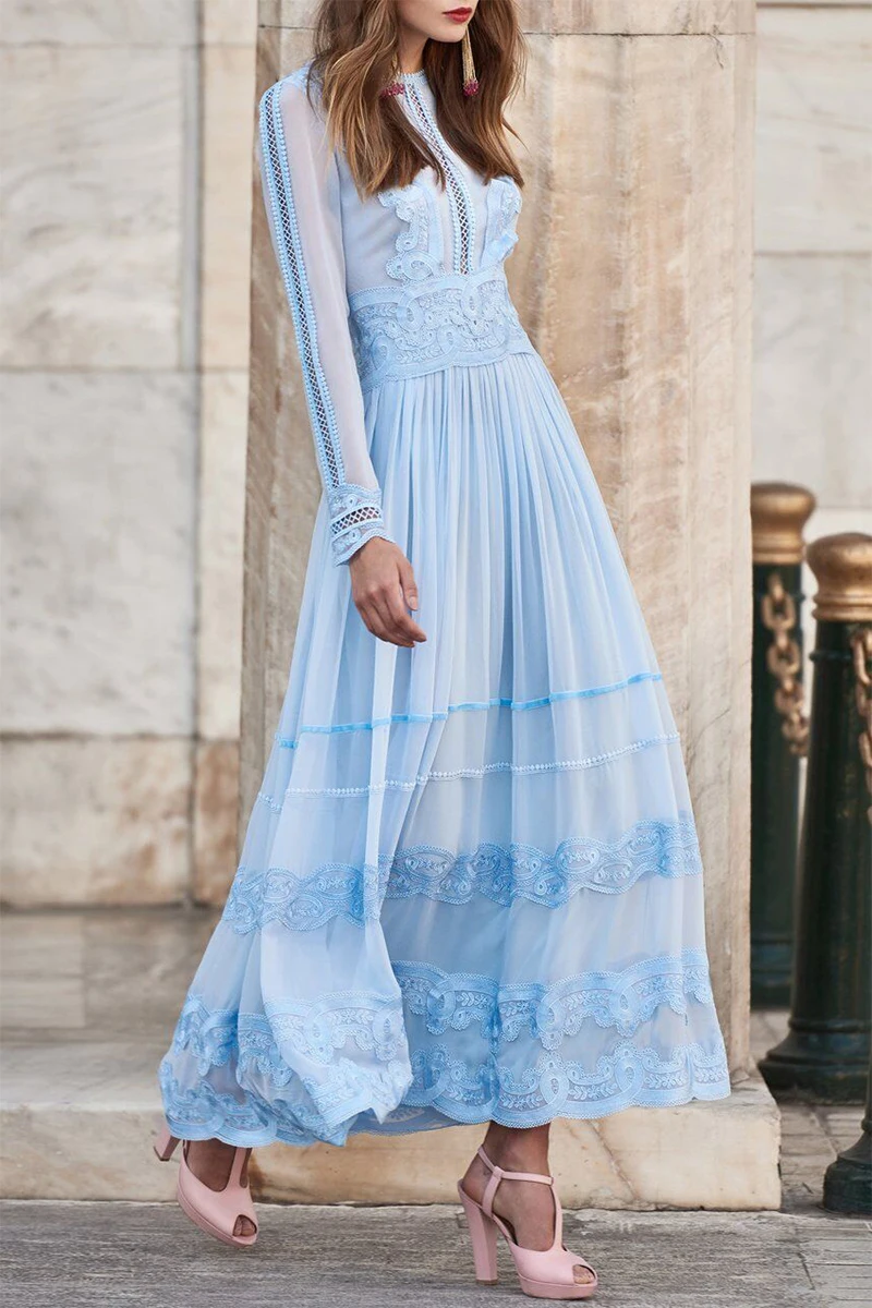Blue Lace Patchwork Pleated 