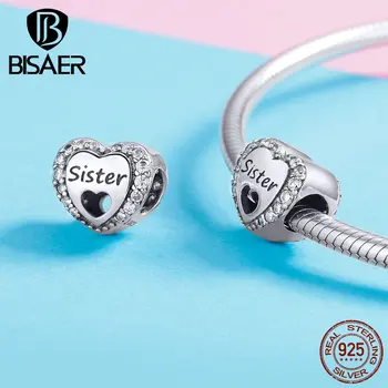

BISAER 925 Sterling Silver Heart Shape Dear Sisters Beads Fit Pan Bracelet &Necklaces For Women Fashion DIY Jewelry Gift GXC1141