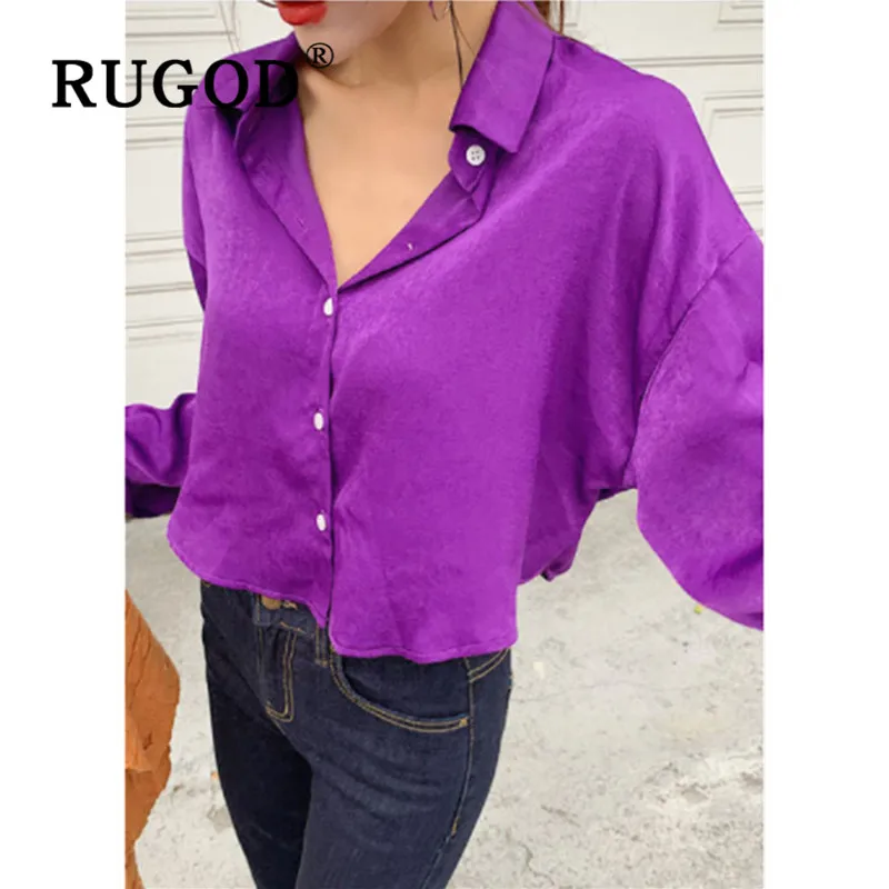 RUGOD Новая модная женская блузка фиолетового цвета с отложным воротником и длинным рукавом, свободная короткая стильная рубашка, элегантные женские корейские Топы