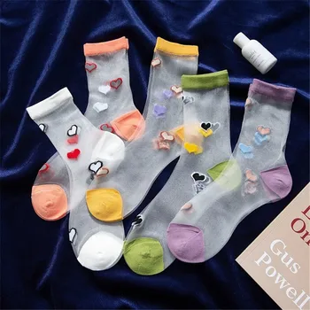 

Summer Transparent Women Heart Socks Thin Embroidered Women Tulle Socks Breathable Casual College Style Sox Calcetines Mujer