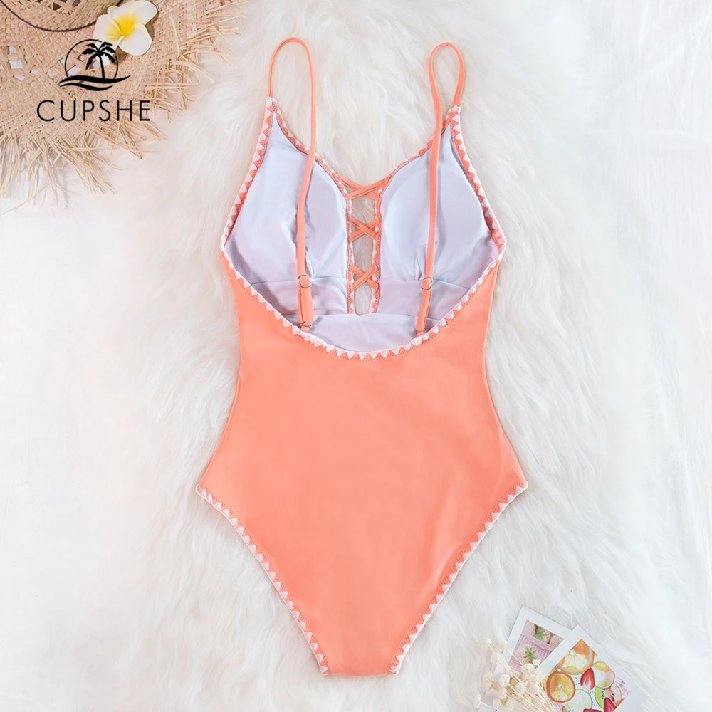 CUPSHE Peachy Цельный купальник с отделкой крючком, сексуальный глубокий v-образный вырез, с вырезами, Женский Монокини,, для девочек, пляжный купальный костюм, купальники