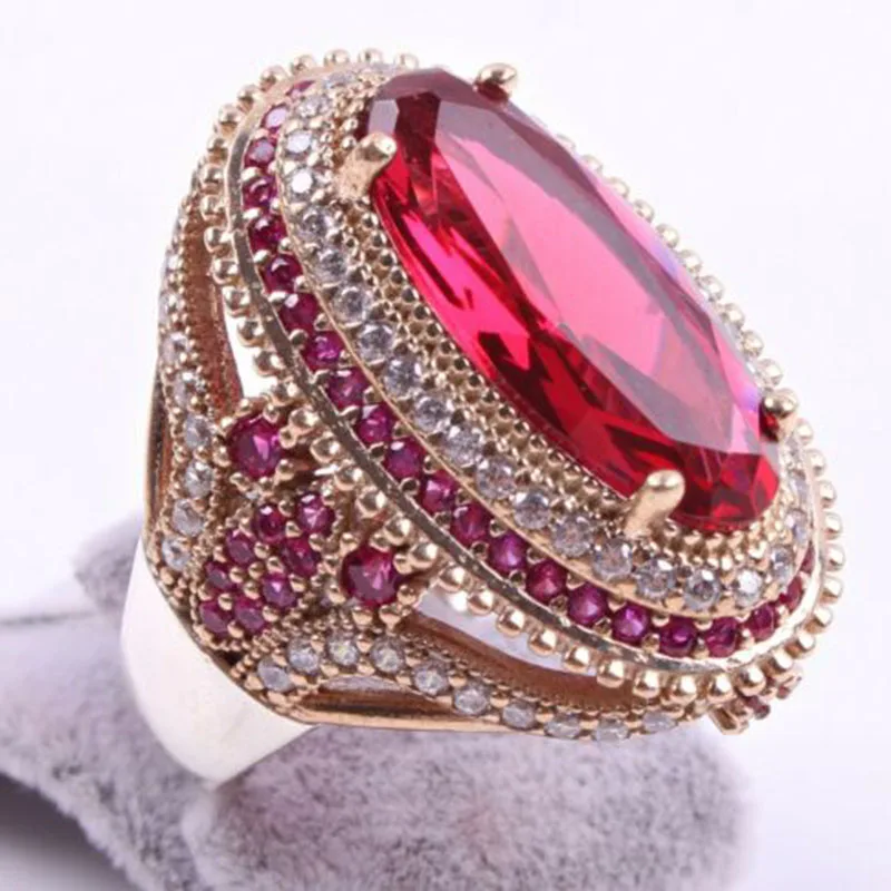 Anillo de boda de circonia cúbica con piedra roja Ovalada para Mujer, sortija de compromiso, joya de lujo