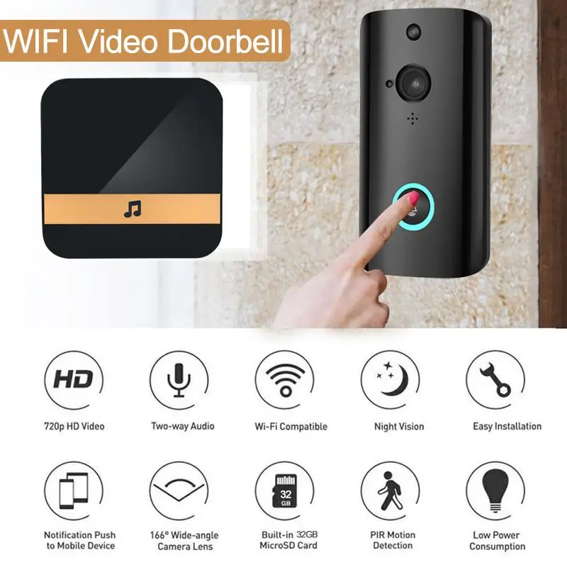 

Universal with Ding-Dong Smart Wifi Doorbell Video Door Phone Intercom Visual Camcorder Two Way Audio Multifunctional 720P HD