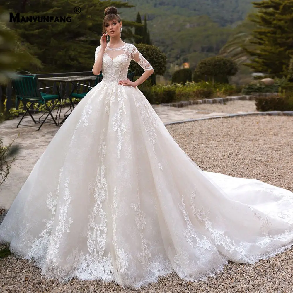 Слоновая кость MANYUNFANG Половина рукава; robe de Mariage Роскошные торжественное платье из прозрачной ткани Casamento дизайн кружева свадебное платье - Цвет: Слоновая кость
