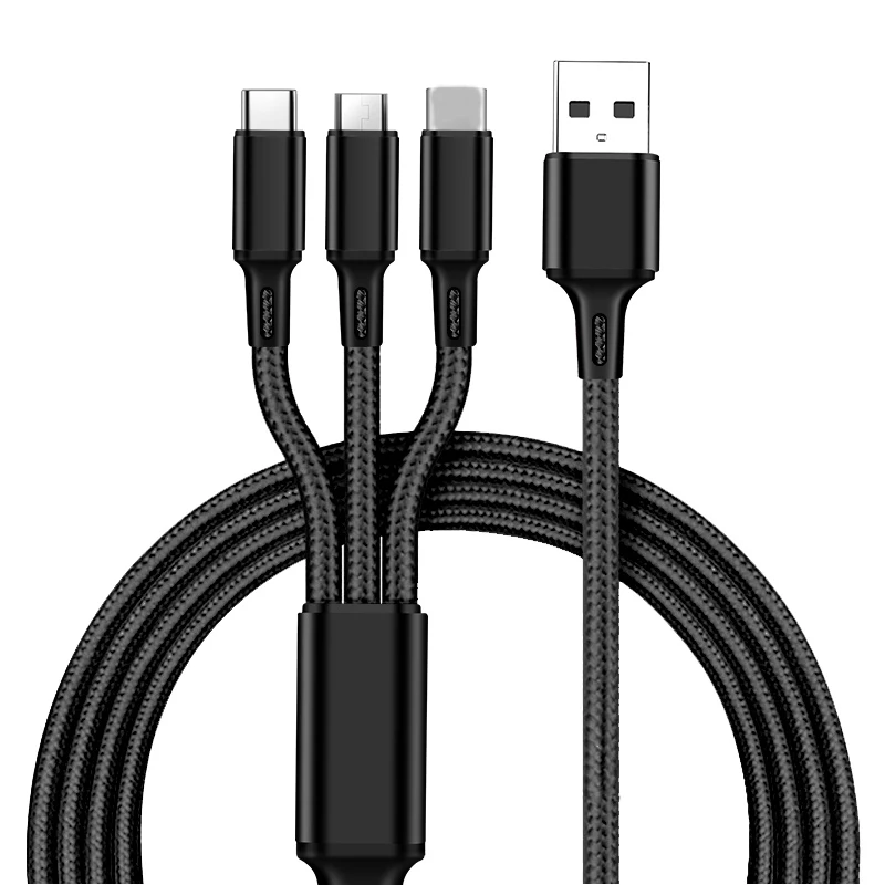 3 в 1 тройной кабель для Apple+ type-C+ Micro USB кабель для зарядки мобильного телефона Android для iPhone iPad смартфон - Цвет: Черный