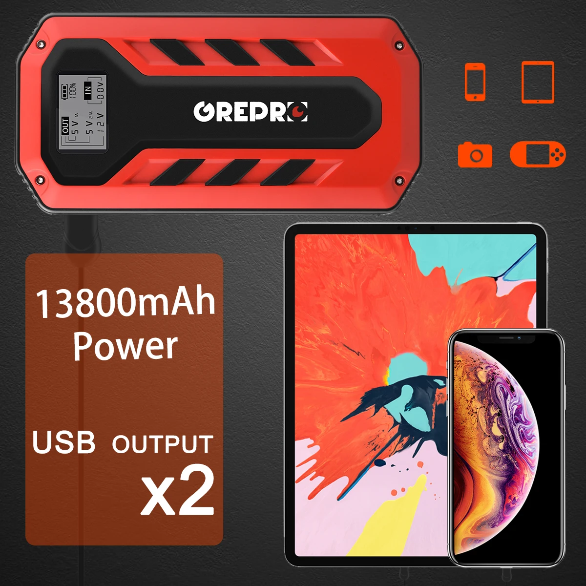 GREPRO Portable 13800mAH Car Jump Starter 1000A Peak 12V Auto Battery Booster Portable Power Pack with LCD Display Jumper Cable noco gb40