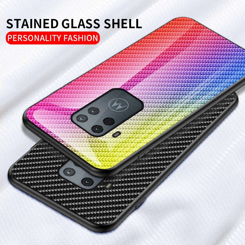 Luxury Carbon Fiber Tempered Glass Case For Motorola Moto One Zoom Aurora gradient Protective Shell for Pro Cover |