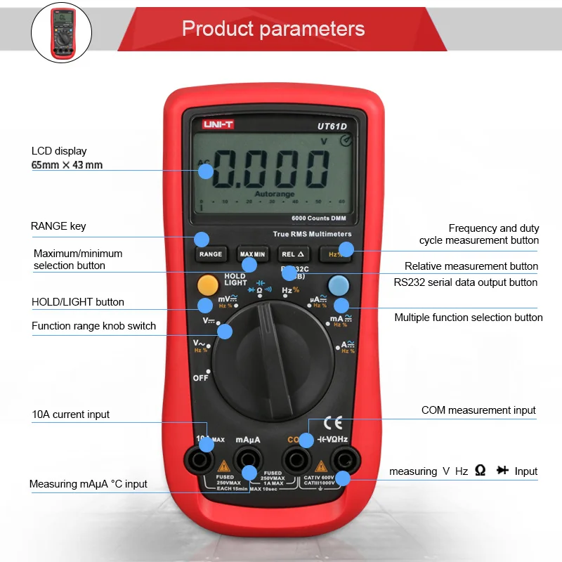 

UNI-T Digital Multimeter AC/DC Voltage Current Multimeter Automatic/Manual Range Finder with Backlight Diagnostic Tool UT61C/D/E