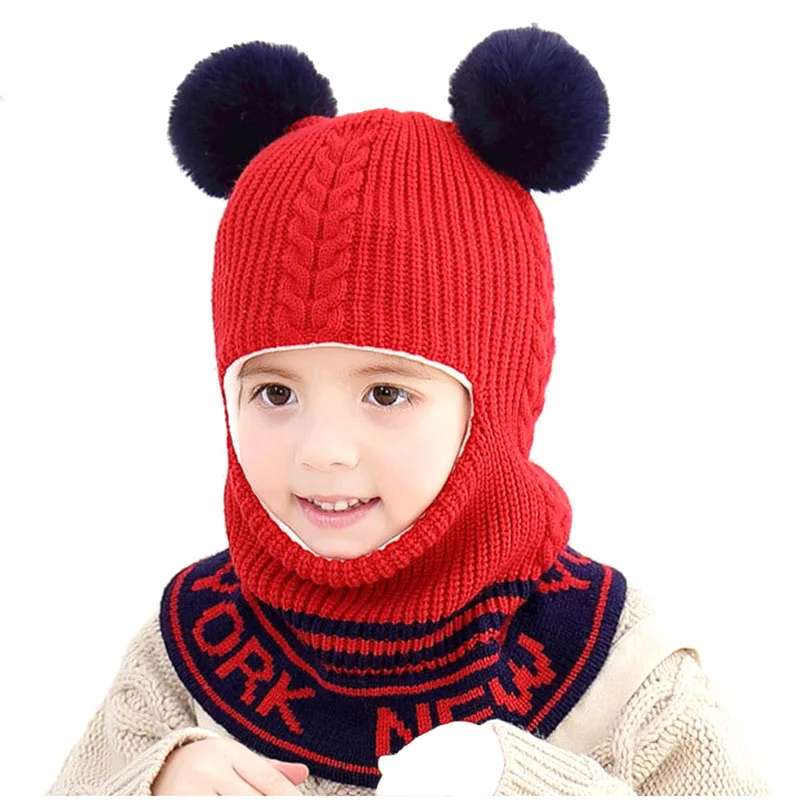 MAERSHEI Балаклава маска меховая шапка Зимняя шерстяная теплая бархатная шапка вязаная шапка детская помпон Gorras - Цвет: Red