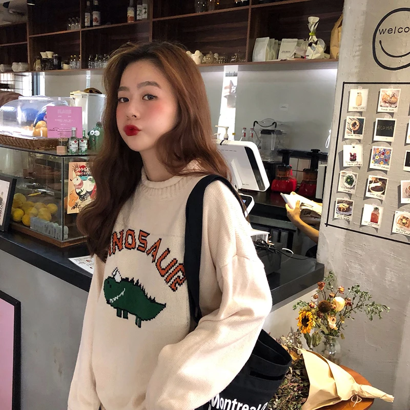 Harajuku модный вязаный женский свитер большого размера, милый мультяшный пуловер с динозаврами, свитер с длинным рукавом, свободный свитер, пальто