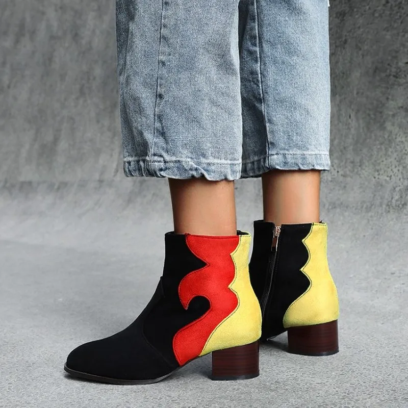 

US4-11 Womens Round Toe Ankle Boots Flock Fleece Liner Match Colors Side Zipper Block Heel Martin Boots Shoes Plus Size A1525