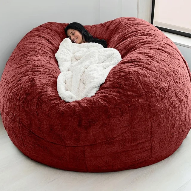 Dropshipping Giant Fur Bean Bag Cover Big Round Soft Fluffy Faux Fur BeanBag Lazy Sofa Bed Cover Living Room Furniture wine red 150X75cm